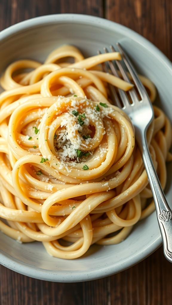 A bowl of creamy parmesan pasta topped with grated cheese and parsley on a rustic table.